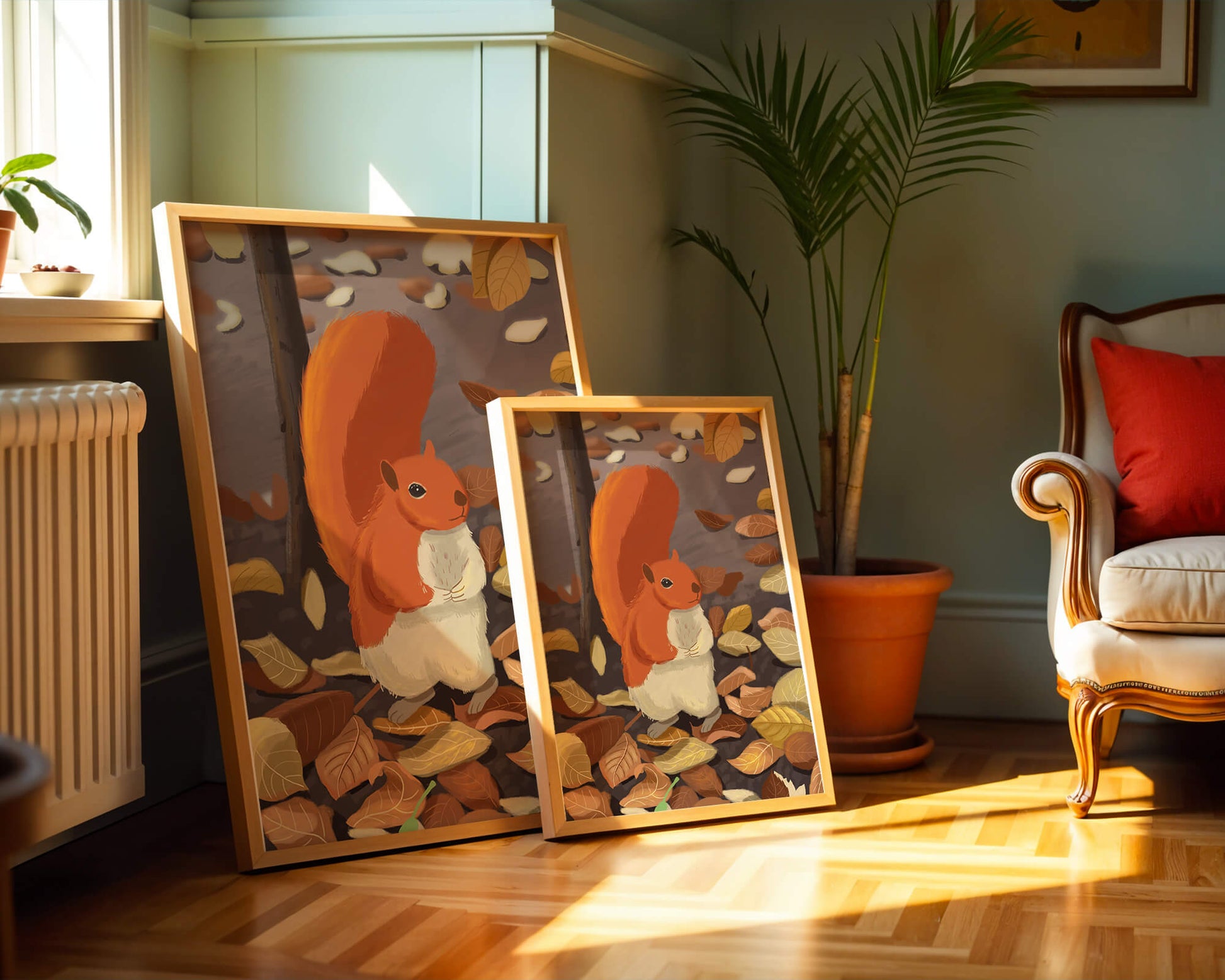 Illustration of a cute squirrel among autumn leaves
