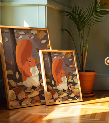 Illustration of a cute squirrel among autumn leaves