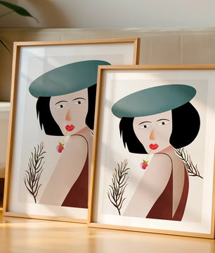 Mujer con sombrero azul y flor en estilo arte moderno