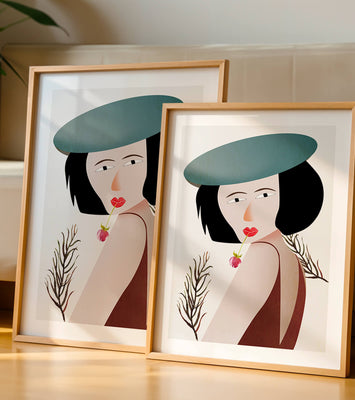 Woman with Blue Hat and Flower in Modern Art Style