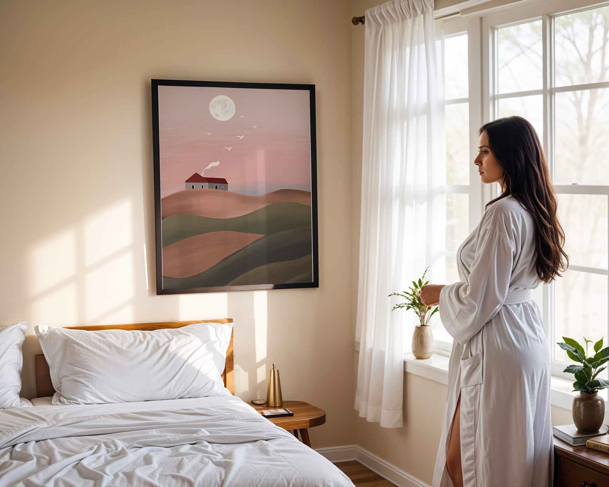 Casa en una colina rosa bajo la luna llena