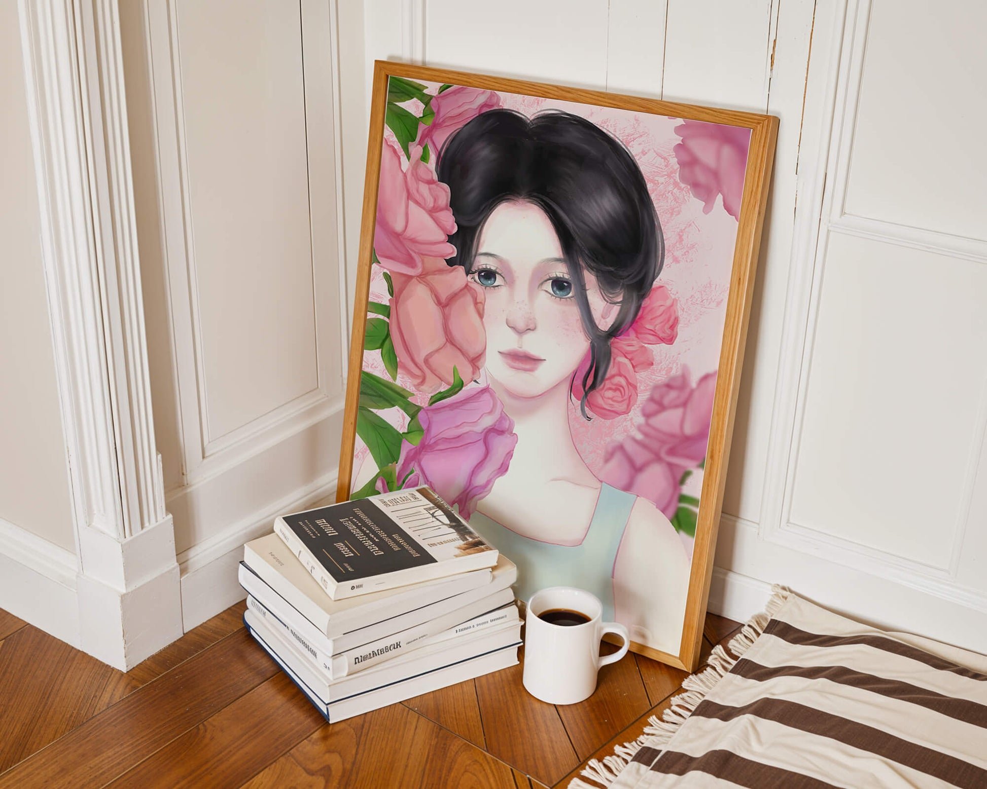 Illustration of a woman surrounded by pink roses