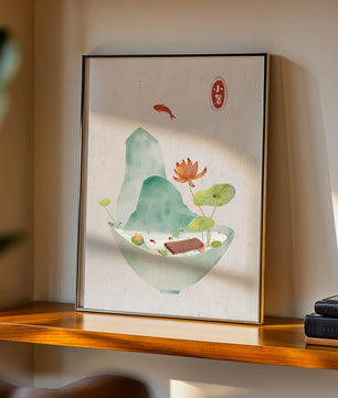 Paysage tranquille avec poissons, lotus et montagne dans un bol