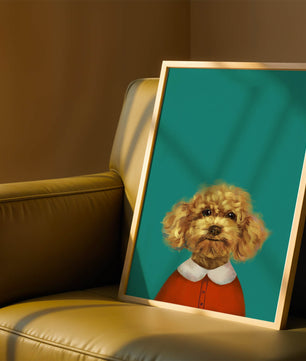 Portrait de caniche charmant en tenue de fête sur fond turquoise