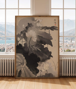 Representación serena de flores de loto en estilo tradicional de lavado de tinta
