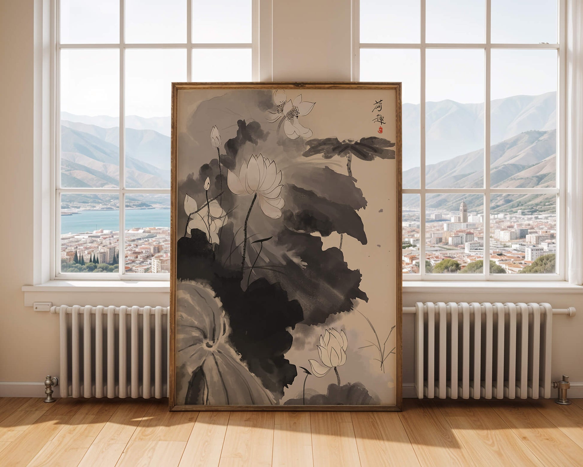 Representación serena de flores de loto en estilo tradicional de tinta.