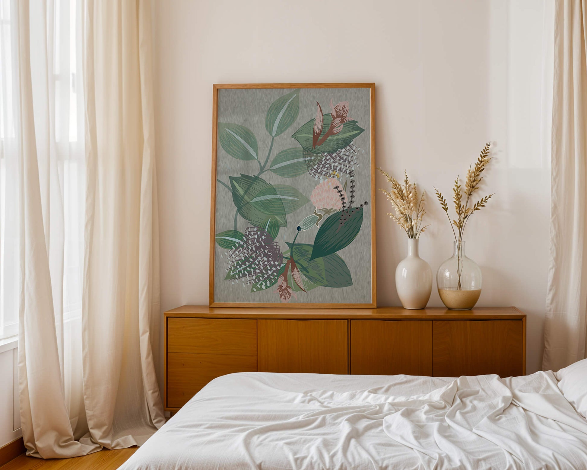 Floral botanical pattern with green leaves and delicate flowers