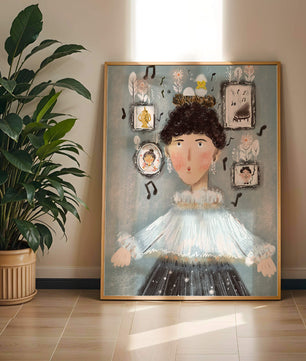 Retrato ilustrado caprichoso con elementos musicales y dorados