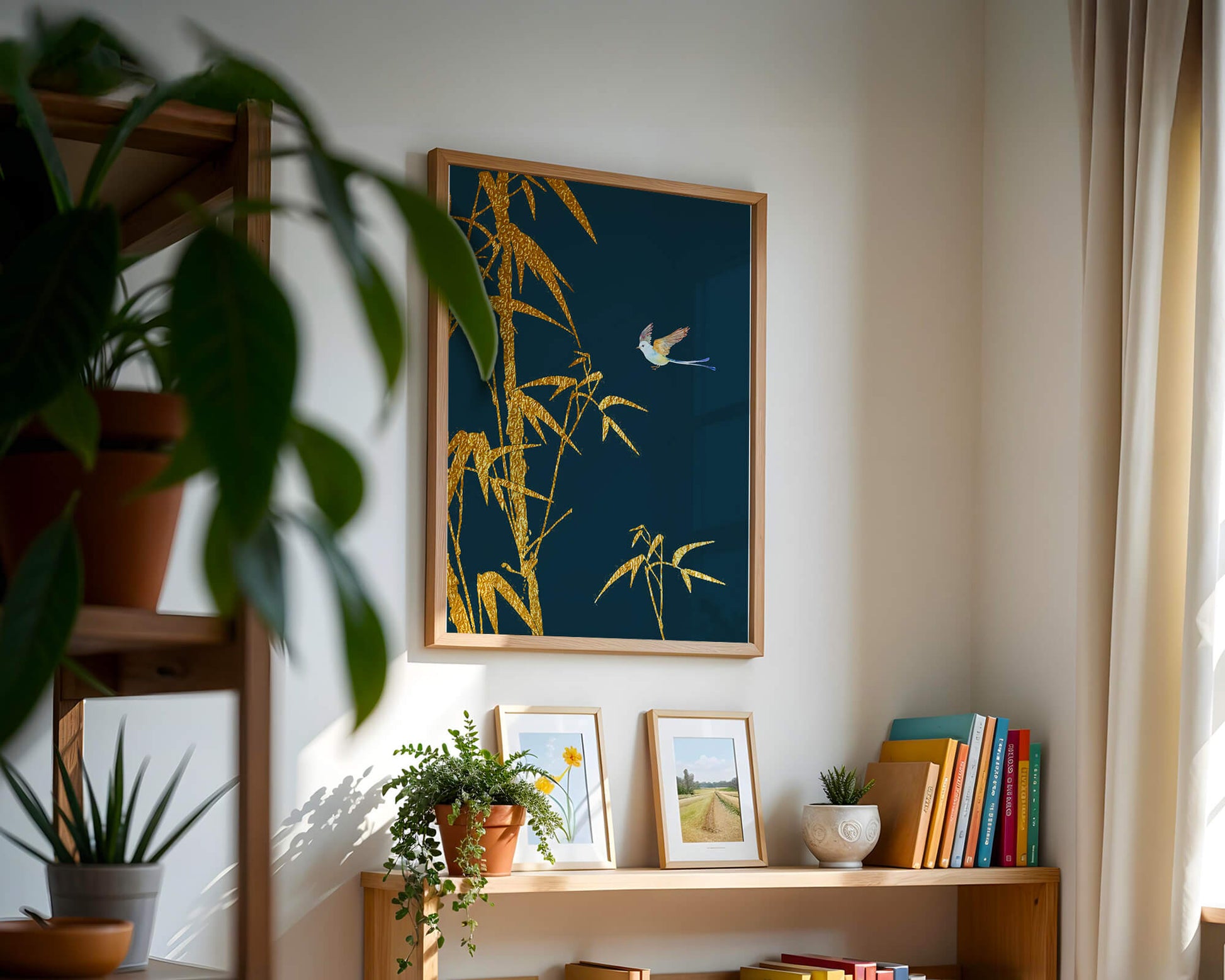 Golden bamboo and bird against a deep blue background