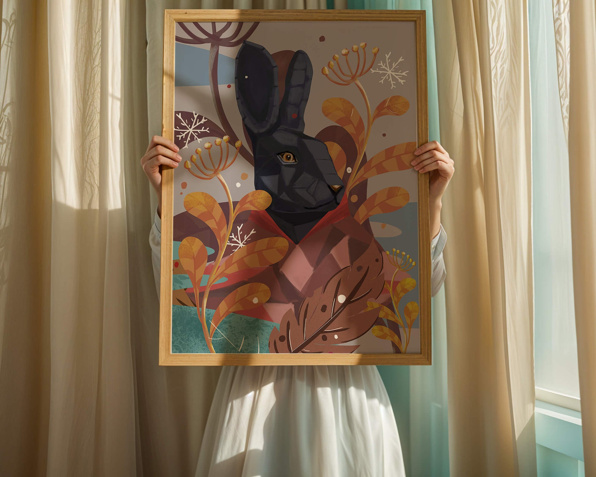 Abstract geometric rabbit in a vibrant autumn floral setting