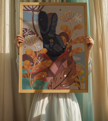 Abstract geometric rabbit in a vibrant autumn floral setting
