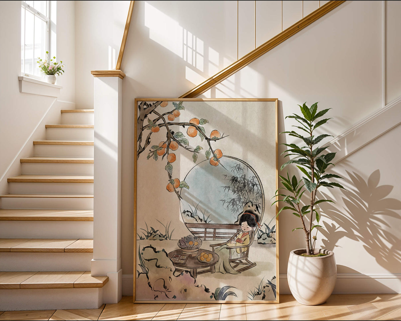 Tranquil garden scene with persimmons and serene figure