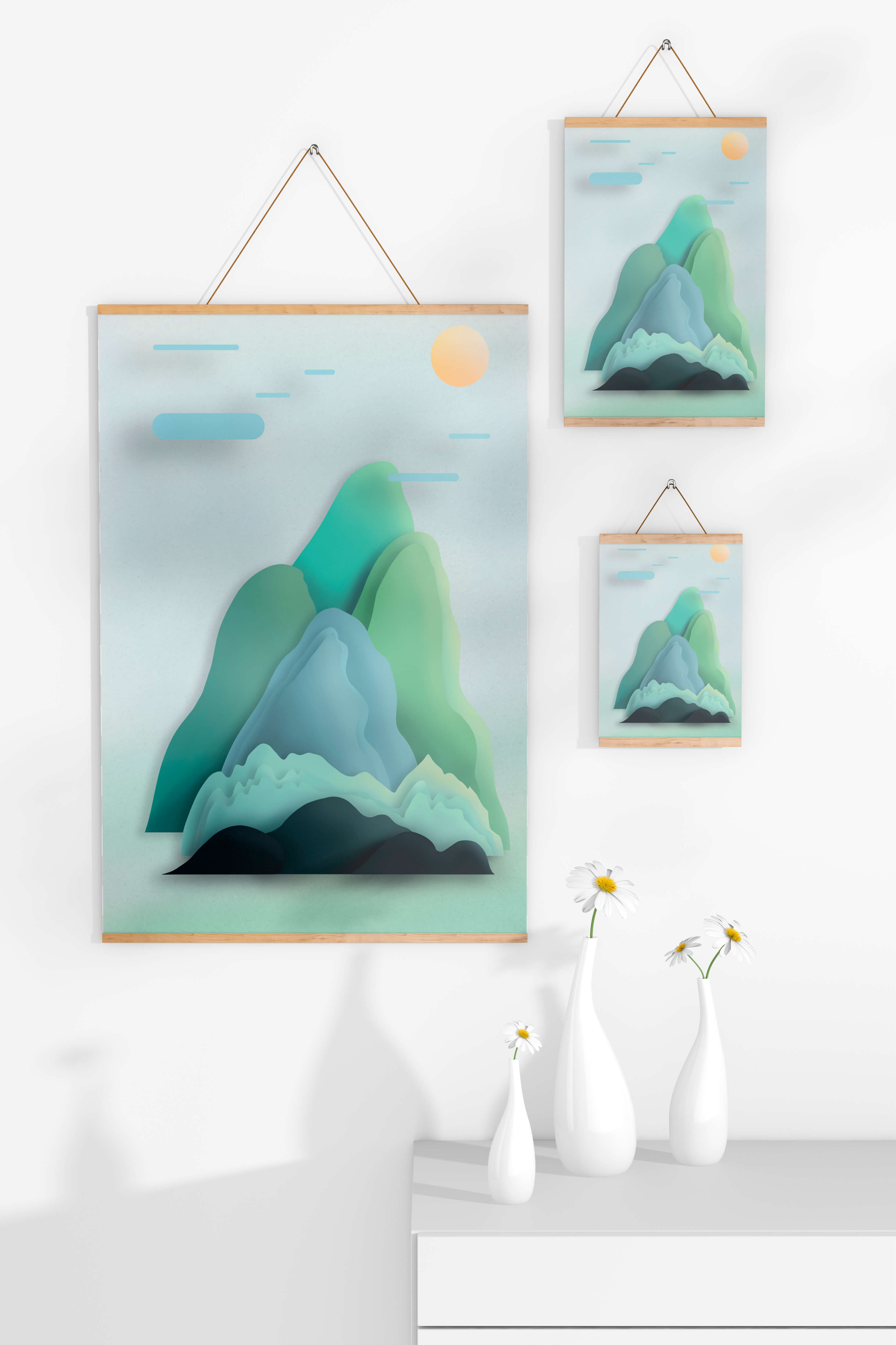 Minimalistic mountain landscape with vibrant colors and abstract layers