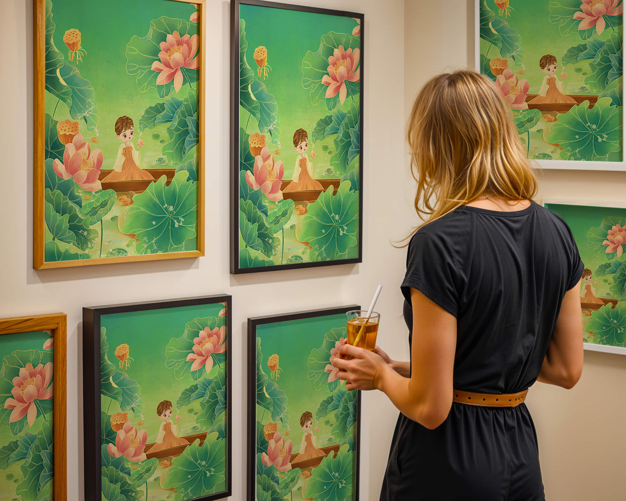 Serene illustration with girl among lotus flowers and green leaves
