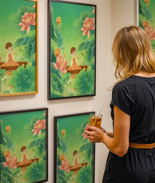 Serene illustration with girl among lotus flowers and green leaves