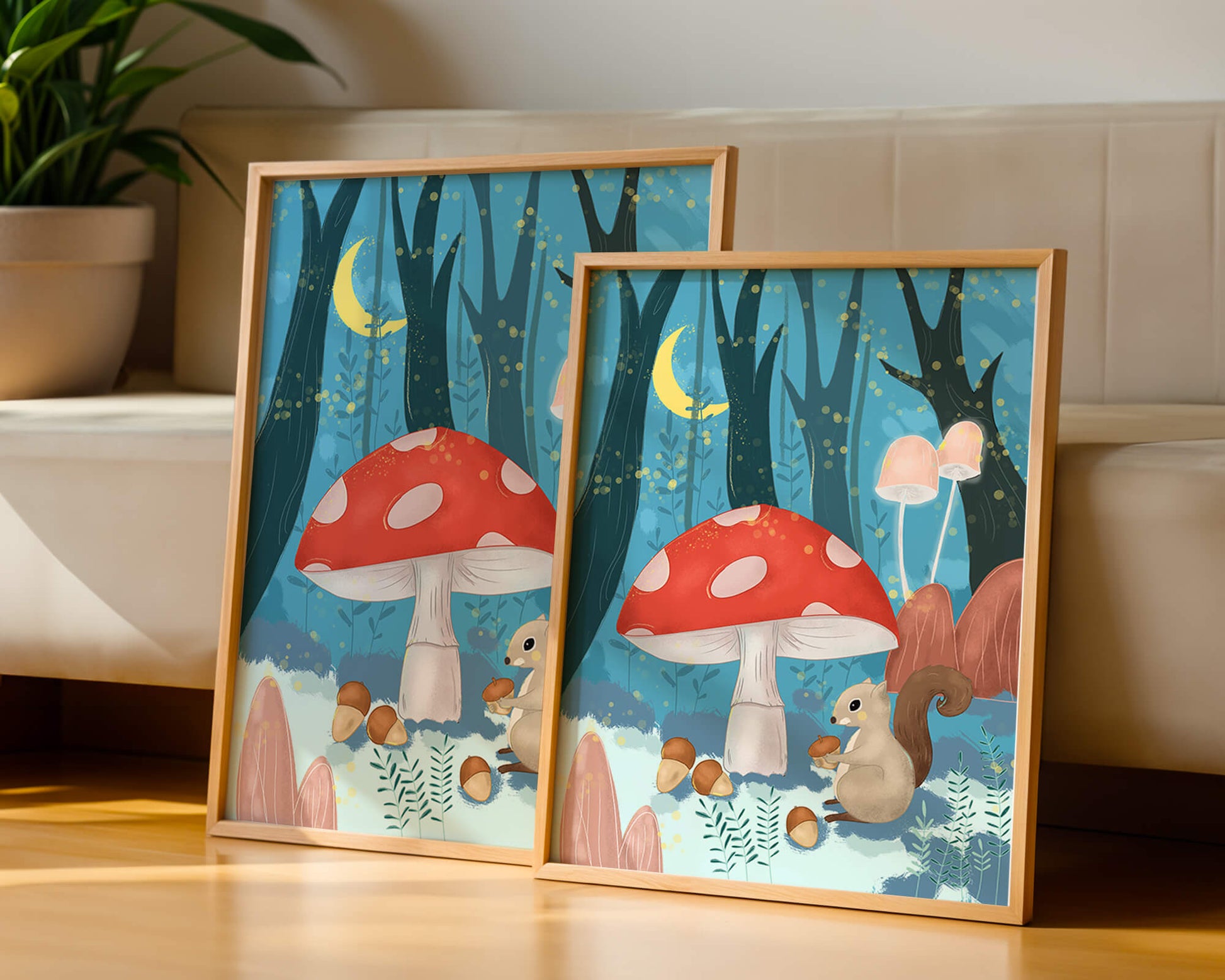 Escena caprichosa de bosque con ardillas y hongos bajo la luz de la luna.