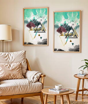 Abstract Geometric Landscape with Vibrant Trees and Birds - Mi tienda