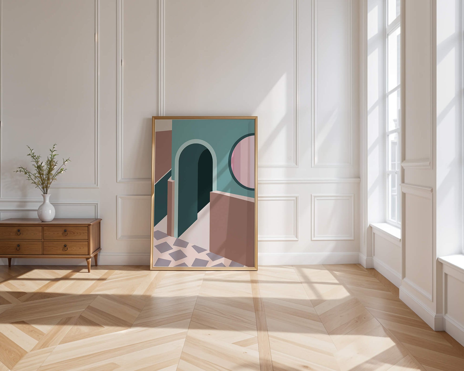 Abstract architectural scene with geometrical shapes