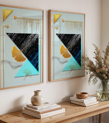 Abstract Composition with Geometric Shapes and Gold Ginkgo Leaves