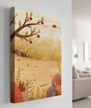 Autumn landscape illustration with apple tree and sunrise in a serene field