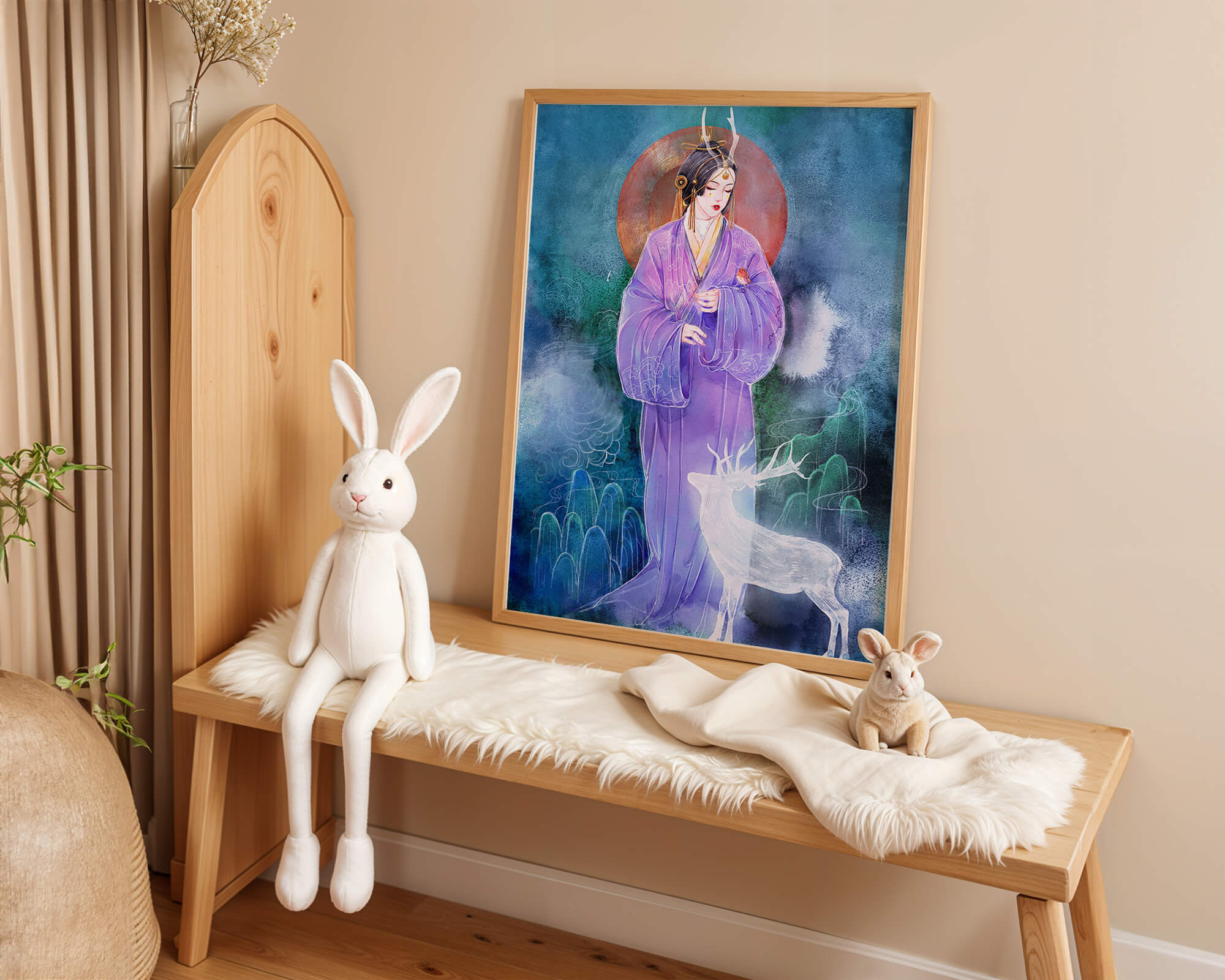 Elegant woman in traditional attire with a mystical deer set against a serene backdrop