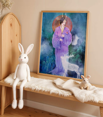 Elegant woman in traditional attire with a mystical deer set against a serene backdrop