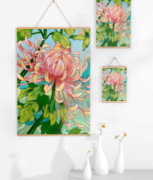 Belle illustration florale avec chrysanthème et feuilles vertes