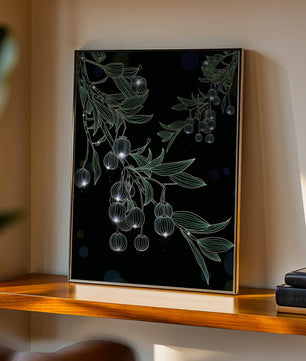 Elegante botanische Illustration mit leuchtenden Früchten und Blättern