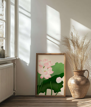 Delicate pink lotus flowers with verdant green leaves