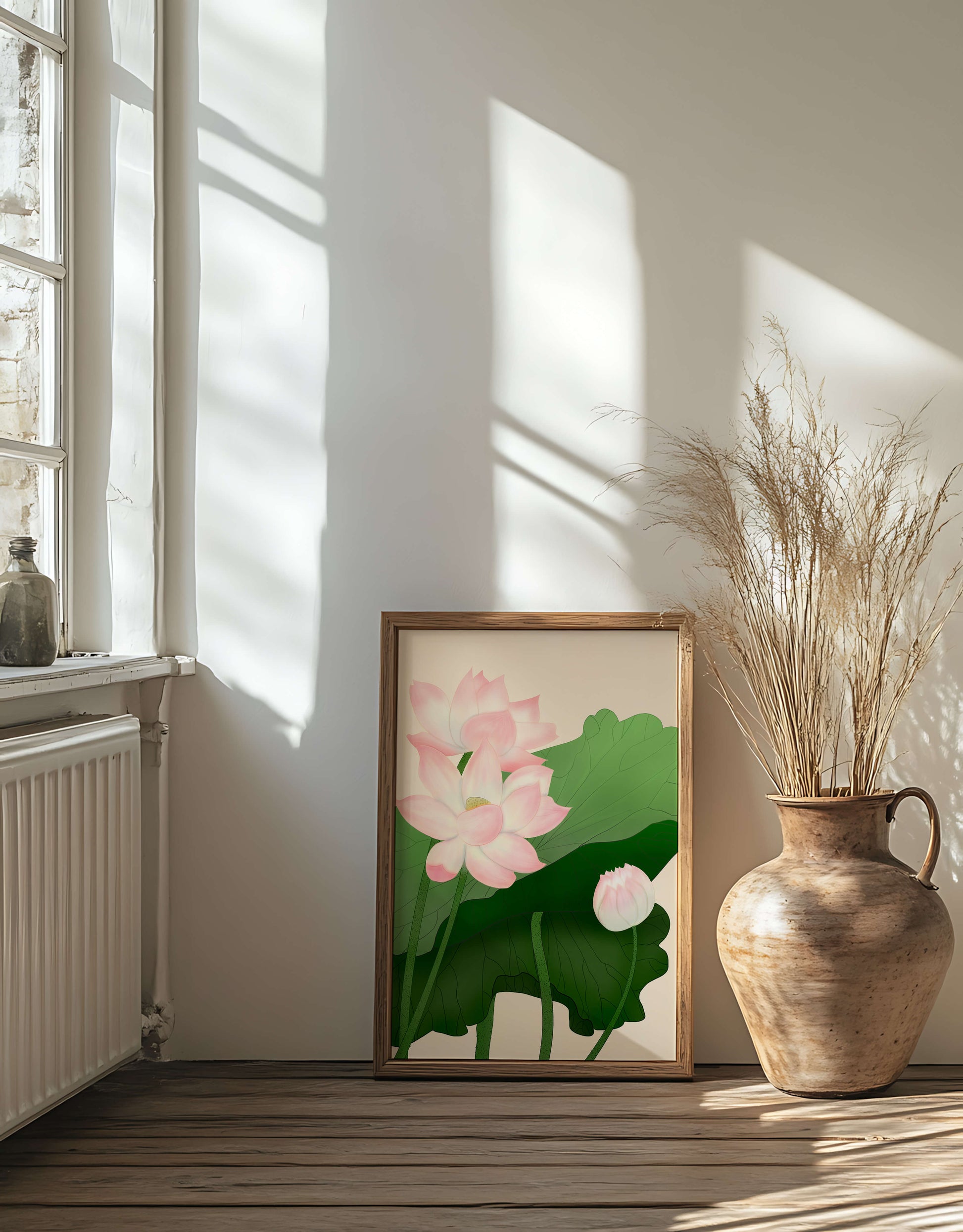 Delicate pink lotus flowers with verdant green leaves