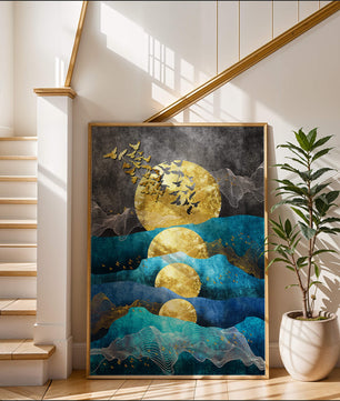 Abstract Landscape with Golden Sun and Flying Birds