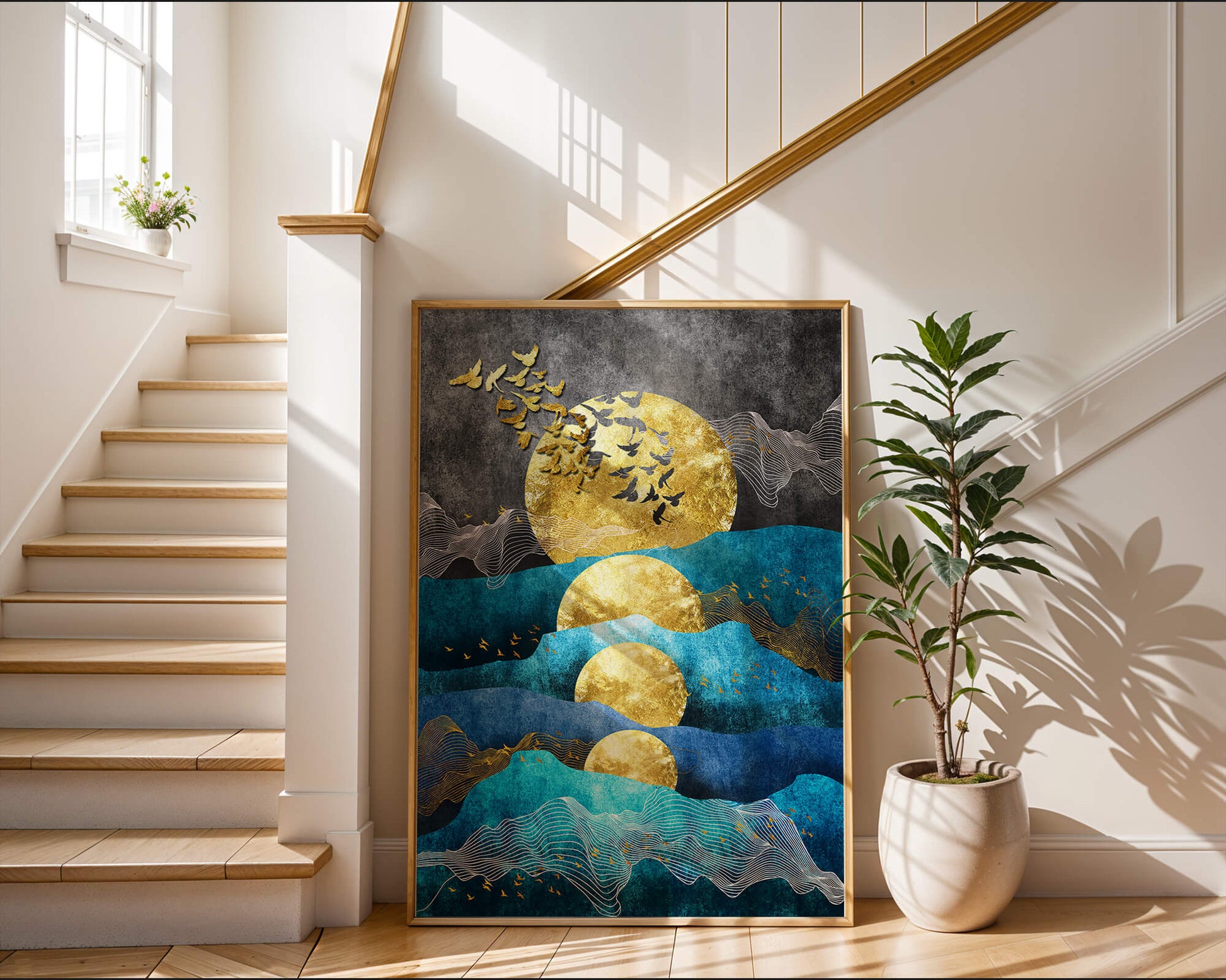 Abstract Landscape with Golden Sun and Flying Birds