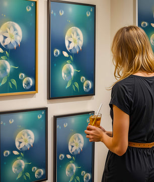Zarte Blume in transparenten Blasen auf einem verträumten blauen Hintergrund