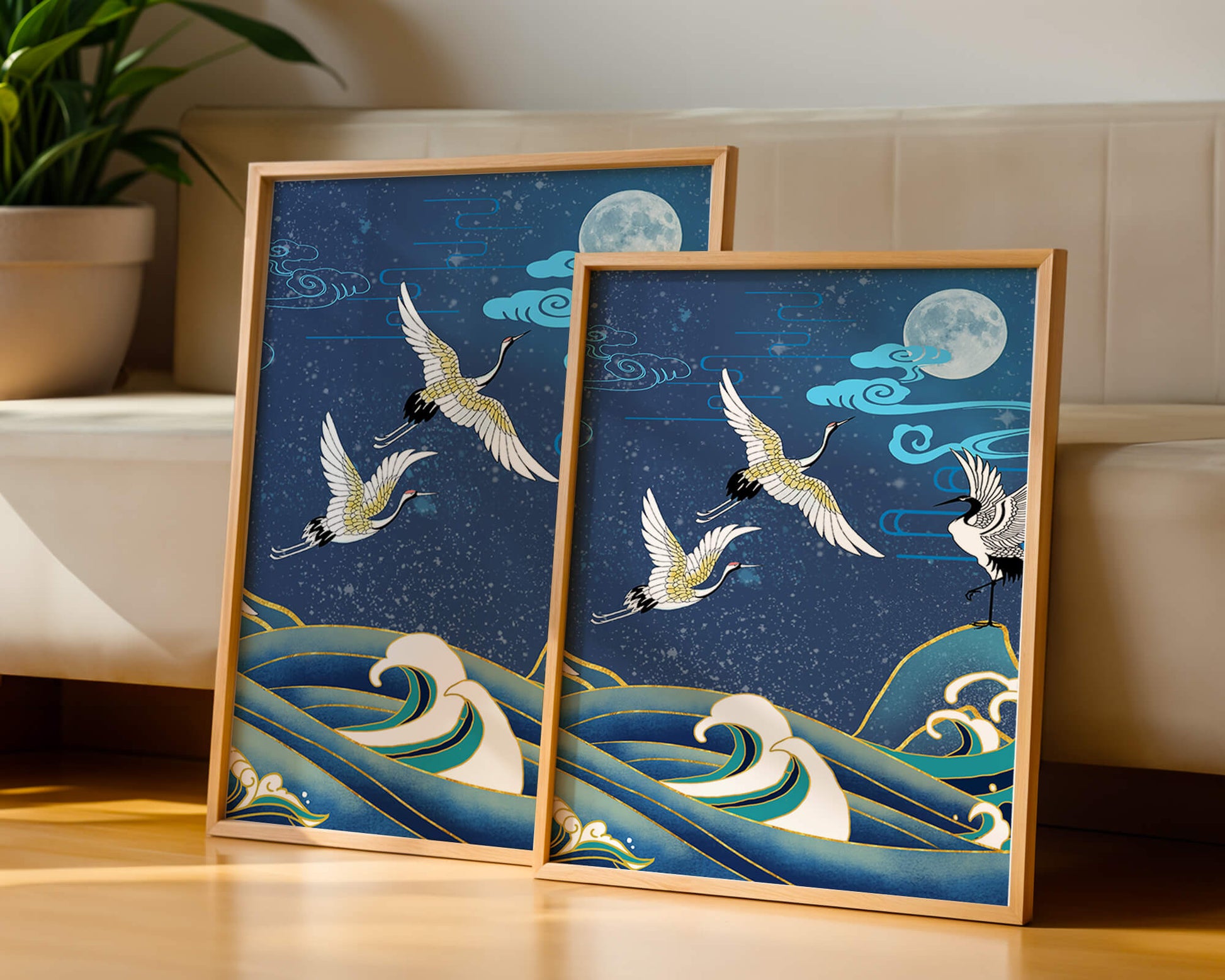 A Serene Night Scene with Cranes and Waves in Traditional Japanese Art Style