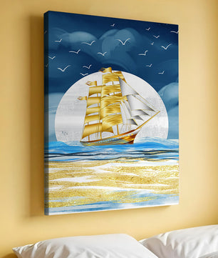Navire à voile doré sur la mer avec des mouettes et un horizon bleu