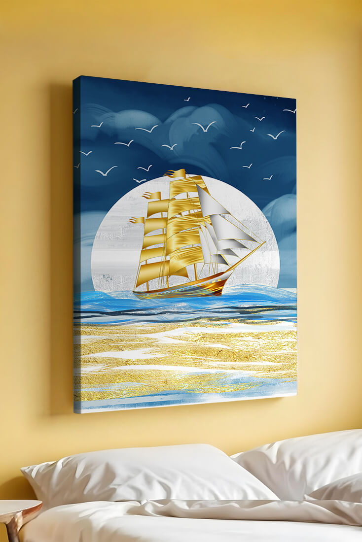 Golden Sailing Ship on the Sea with Seagulls and Blue Horizon