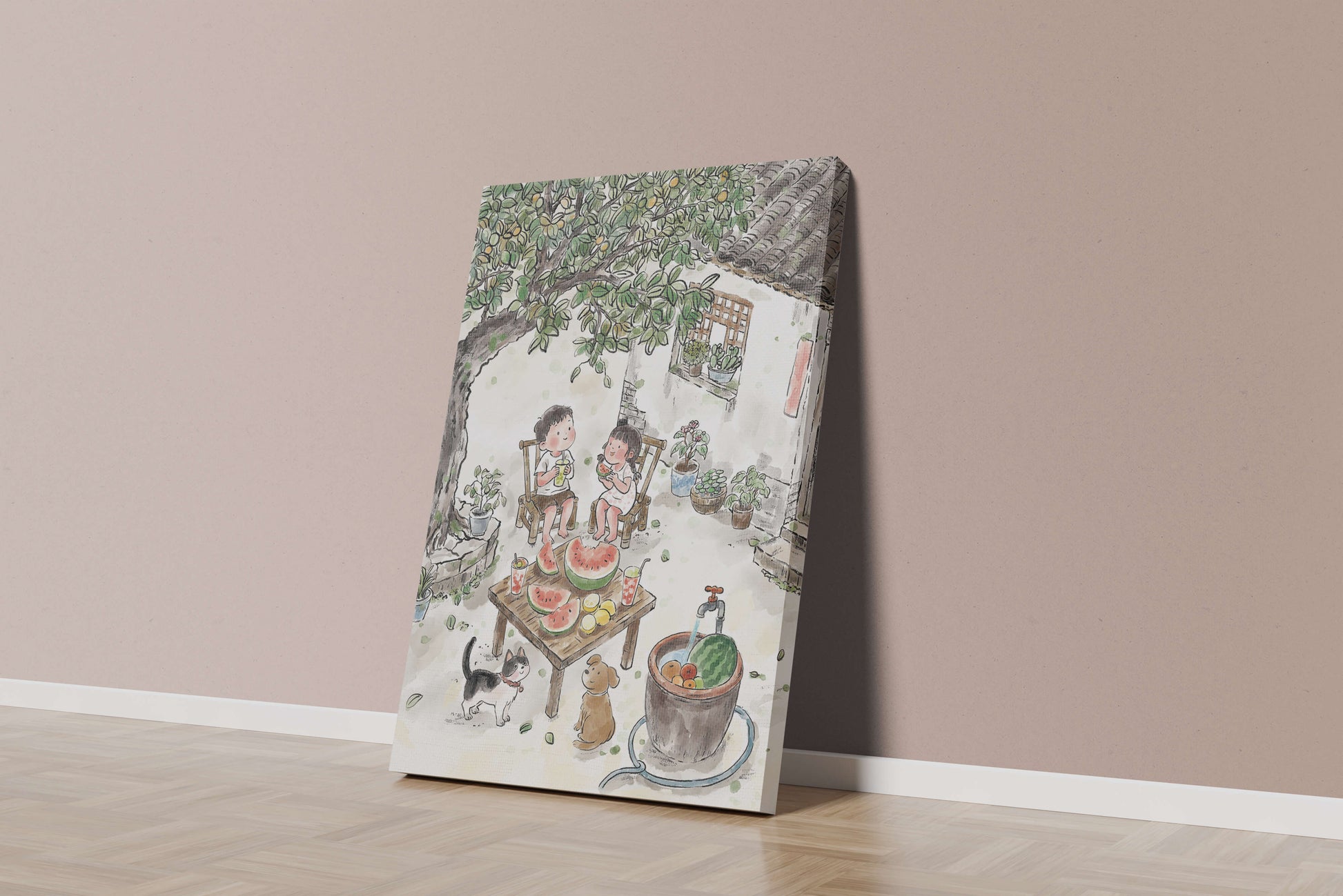 Encuentro acogedor en el patio trasero de verano con sandía y mascotas