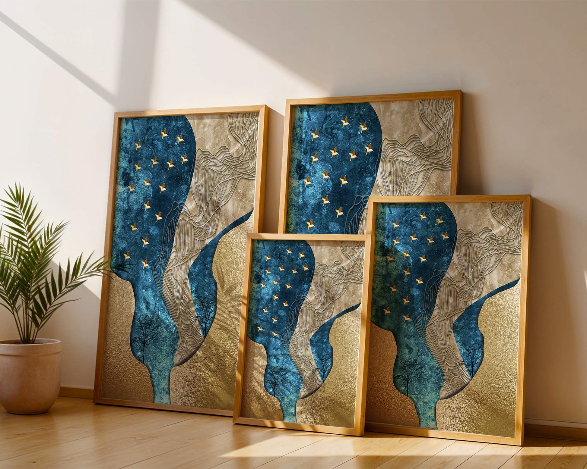 Abstract Textured Landscape with Gold and Blue Elements