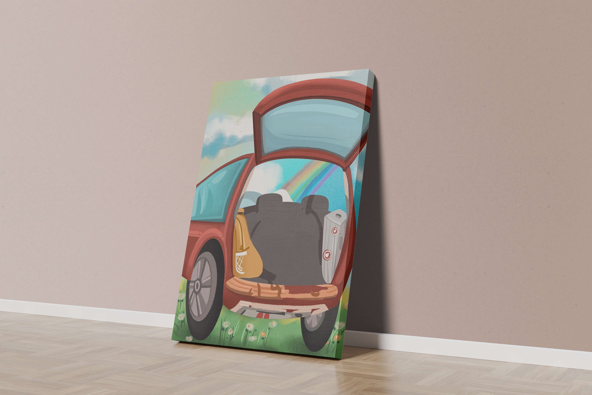 Car Trunk with Picnic Items and Rainbow in Background