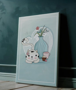 Cute Cat with Flowers, Cup, and Vase on Blue Background - Mi tienda