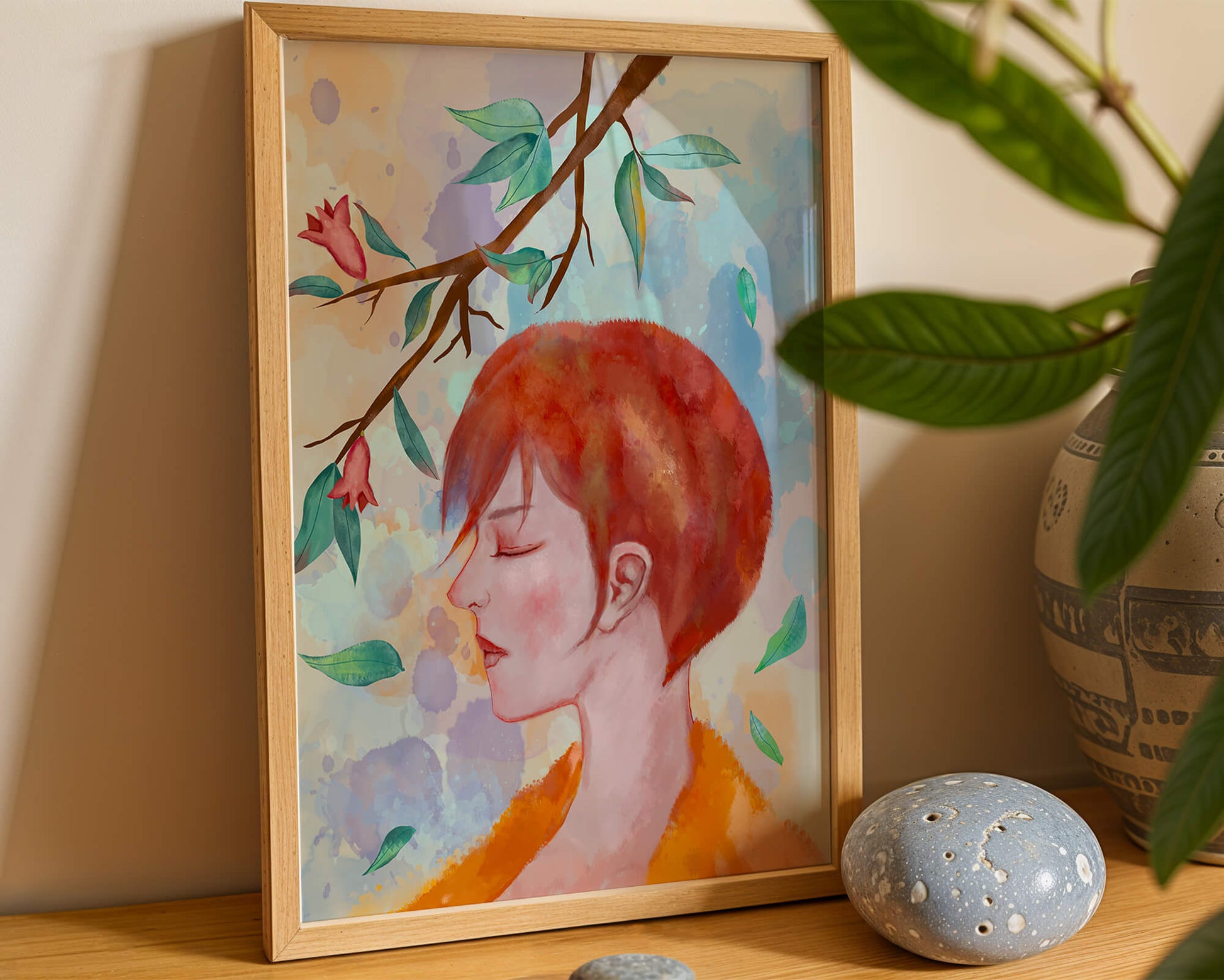 Illustrative artwork of a woman with red hair and floral branch