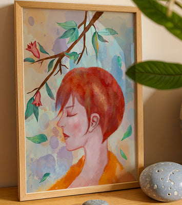 Illustrative artwork of a woman with red hair and floral branch