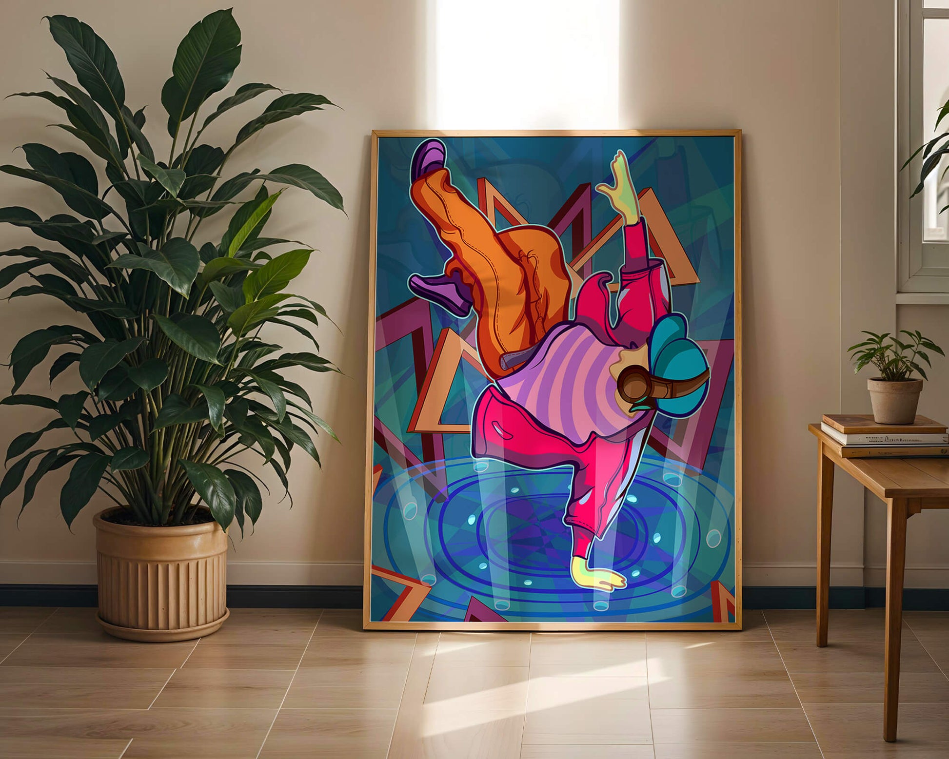 Colorful breakdancer in dynamic urban artwork