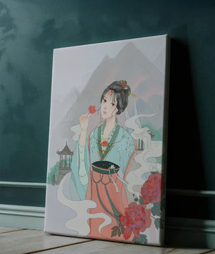 Elegant Asian woman with flowers and mountain background