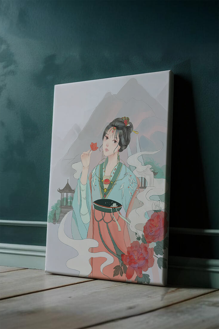 Elegante mujer asiática con flores y fondo de montaña.
