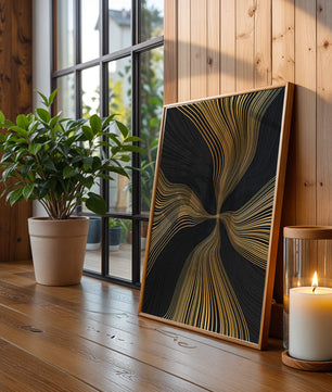 Líneas doradas abstractas sobre fondo negro con flujo dinámico