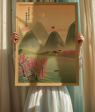 Serene landscape illustration with mountains and cherry blossoms