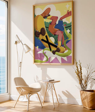 Ilustración abstracta colorida con un skater en movimiento dinámico