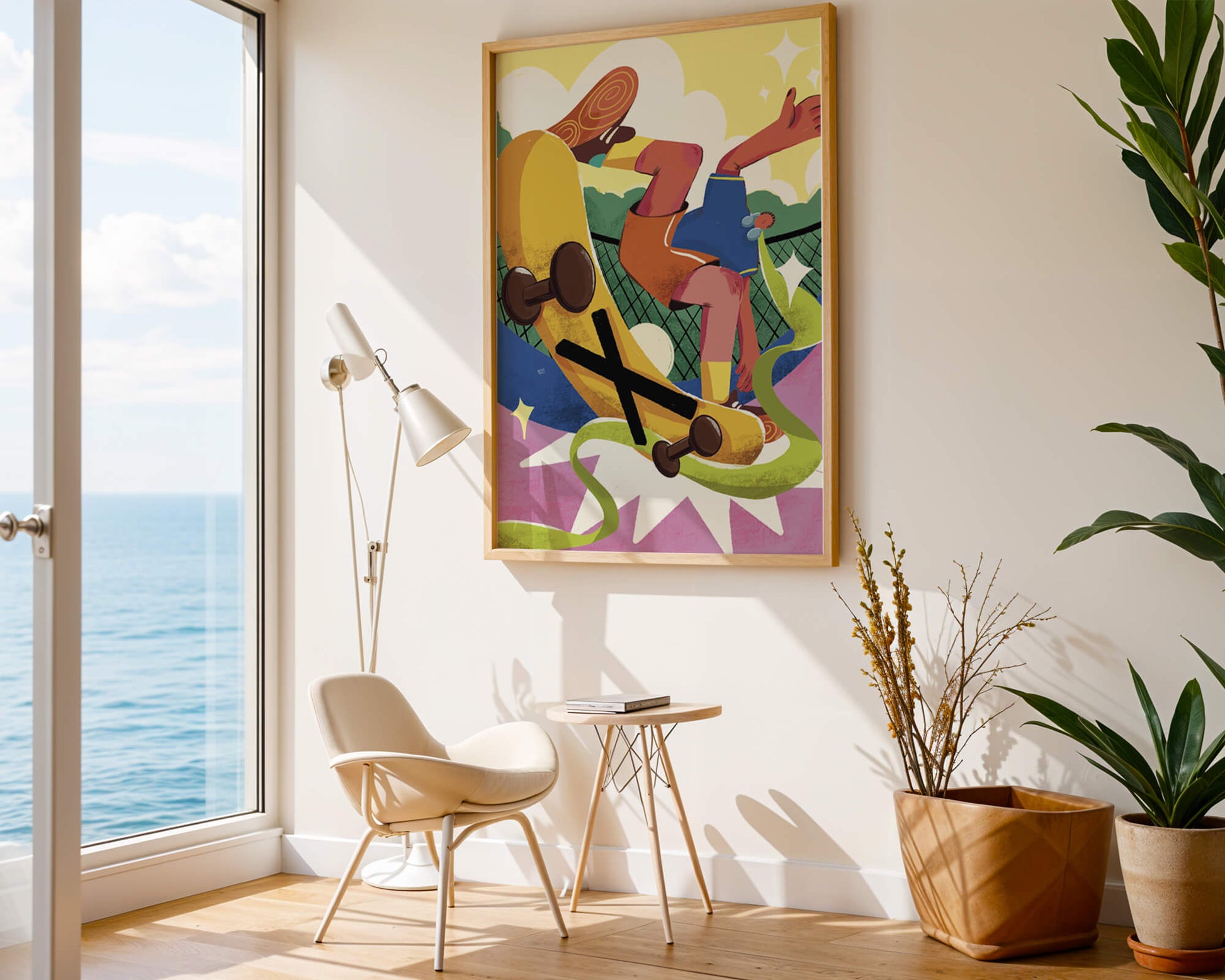 Ilustración abstracta colorida con un skater en movimiento dinámico