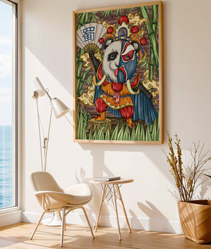 Colorful panda dressed in traditional Chinese opera costume surrounded by bamboo